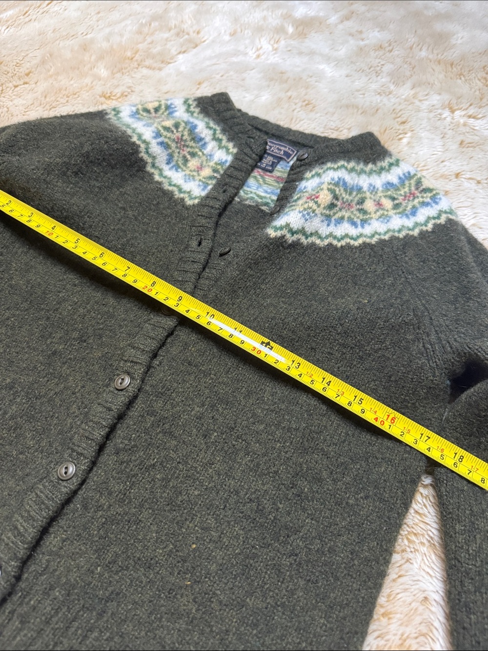 Abercrombie & Fitch Vintage Dark Olive Fair Isle Yoke Cardigan - Picture 8 of 8